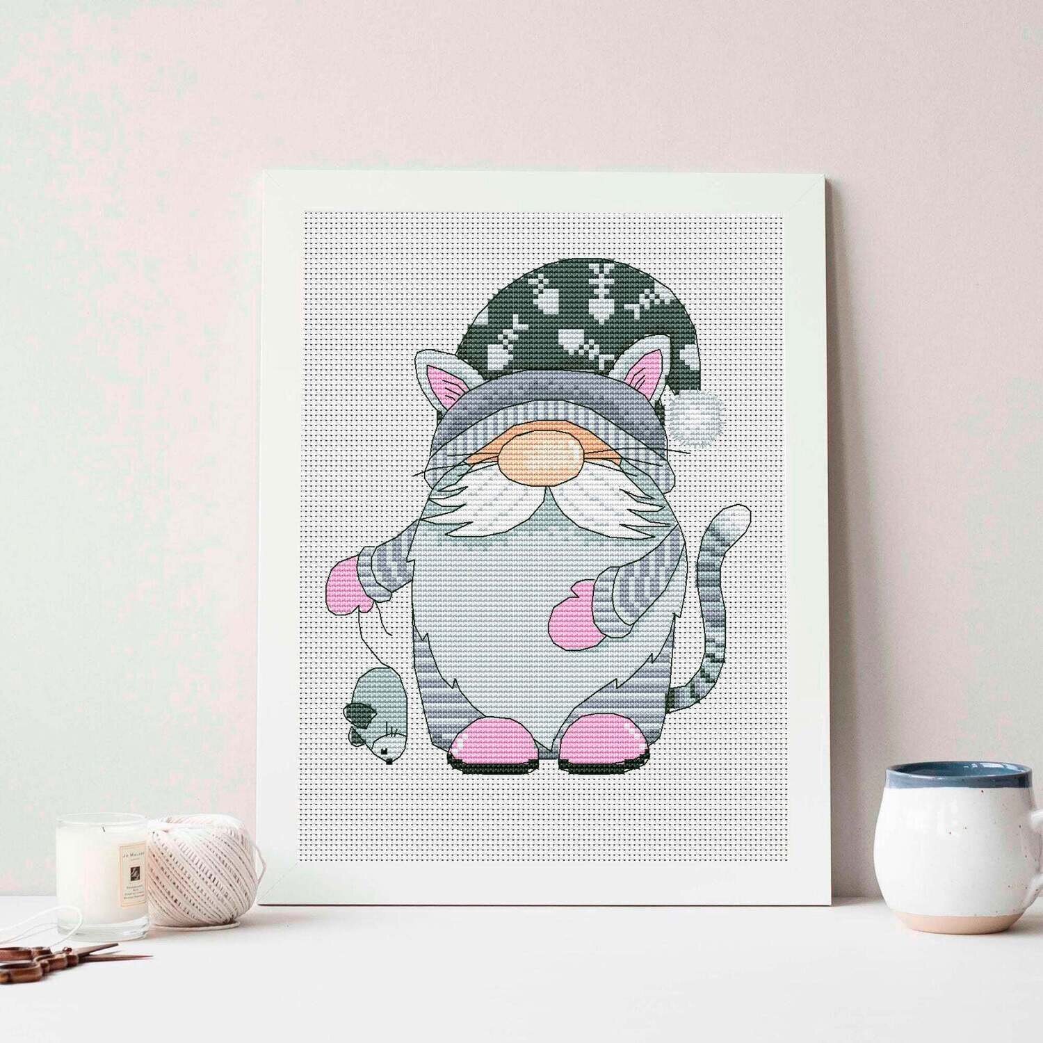 Cat gnome, Cross stitch pattern, Cat cross stitch, Gnome cross stitch, Funny cross stitch