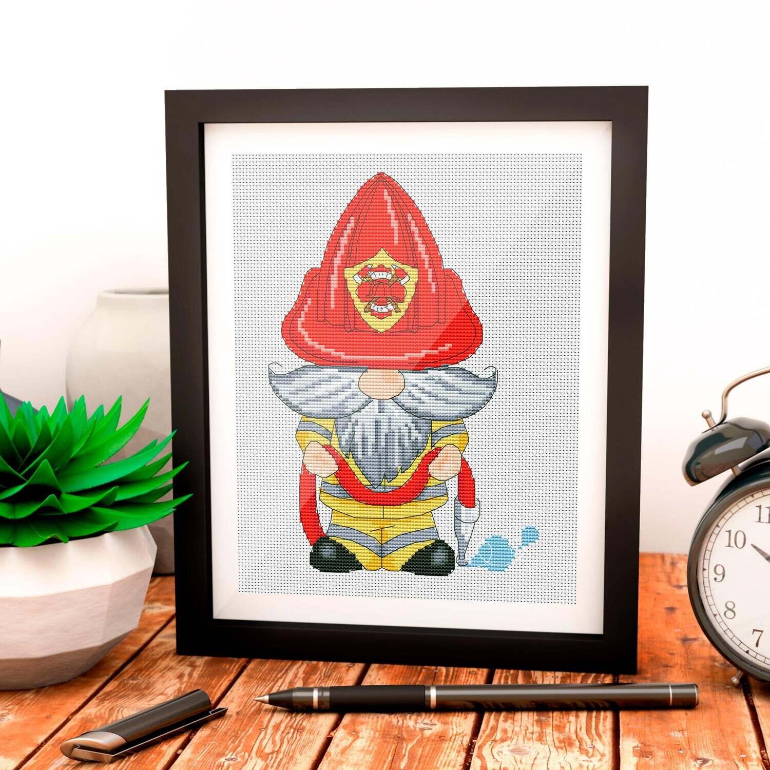 Firefighter, Gnome cross stitch, Cross stitch pattern