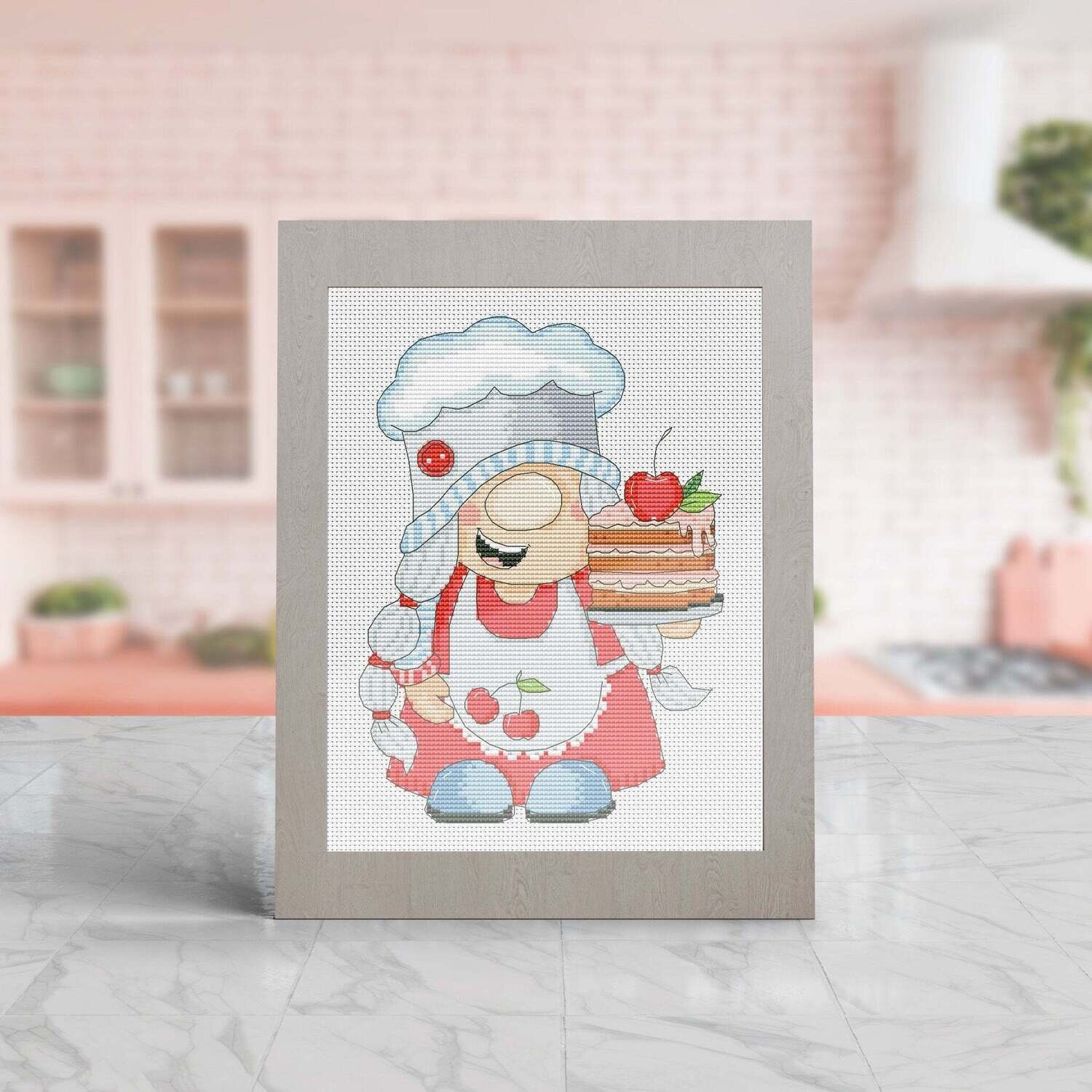 Baker, Cross stitch pattern, Baking cross stitch, Gnome cross stitch, Kitchen cross stitch, Cute cross stitch