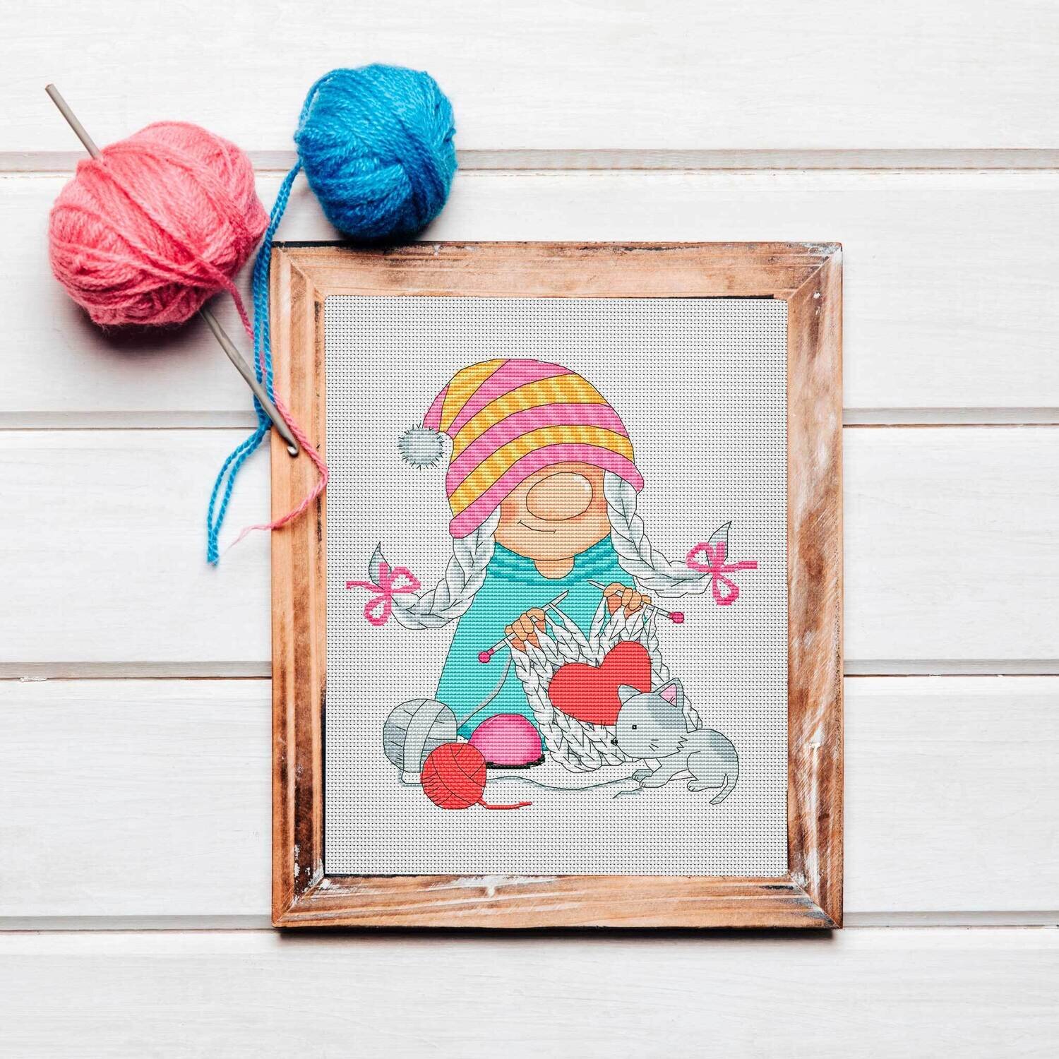Knitter, Gnome cross stitch, Girl cross stitch, Cross stitch pattern, Funny cross stitch, Cute cross stitch