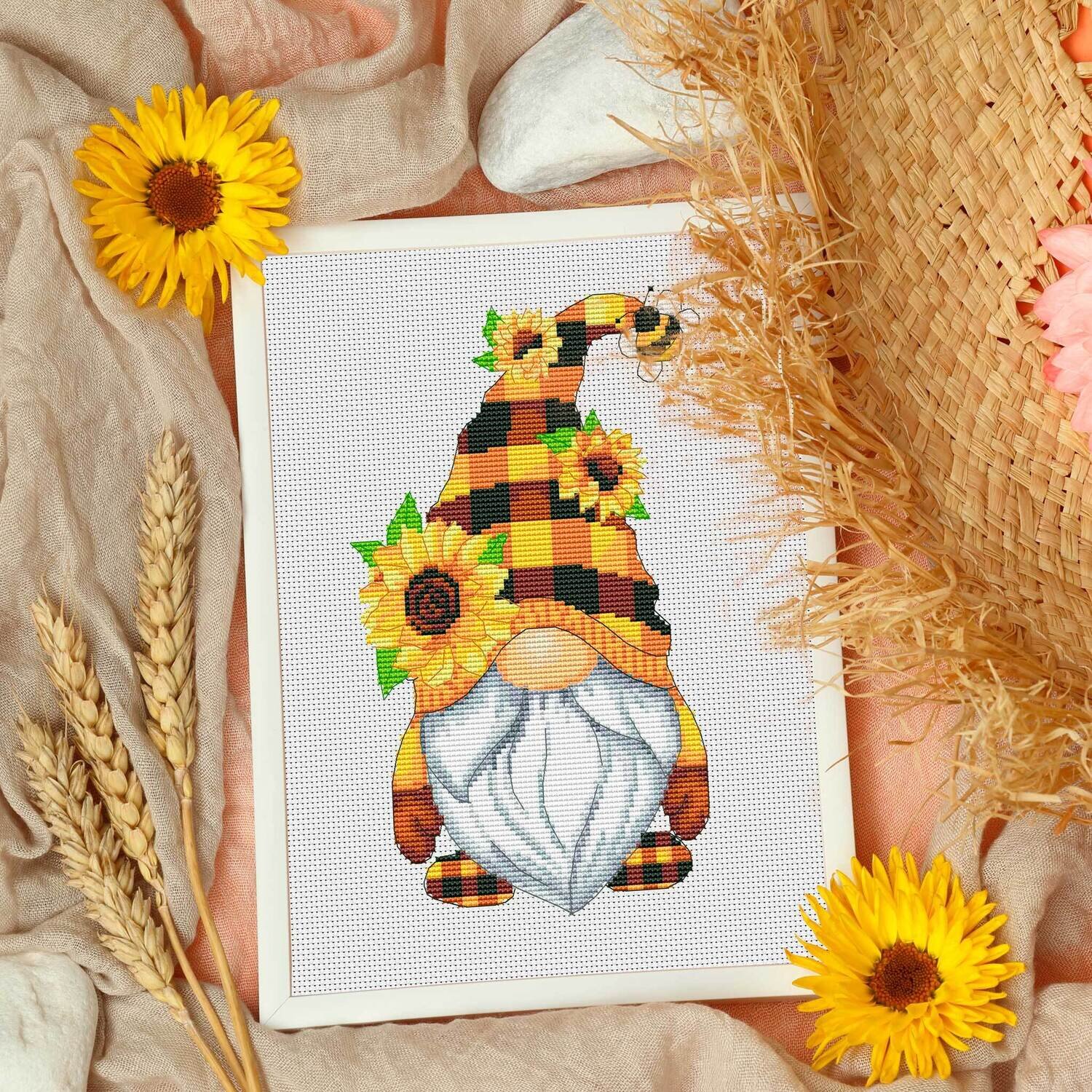 Gnome with sunflowers, Cross stitch pattern, Summer cross stitch, Counted cross stitch