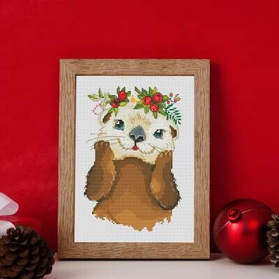 Christmas otter, Cross stitch pattern, Animal cross stitch, Christmas cross stitch