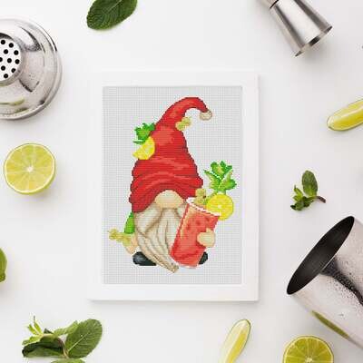 Gnome with a cocktail Bloody Mary , Cross stitch pattern, Gnome cross stitch, Counted cross stitch