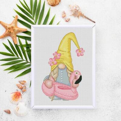 Gnome with swimming ring, Cross stitch pattern, Gnome cross stitch, Summer cross stitch