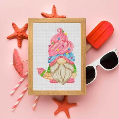 Ice cream gnome, Cross stitch pattern, Summer cross stitch, Gnome cross stitch