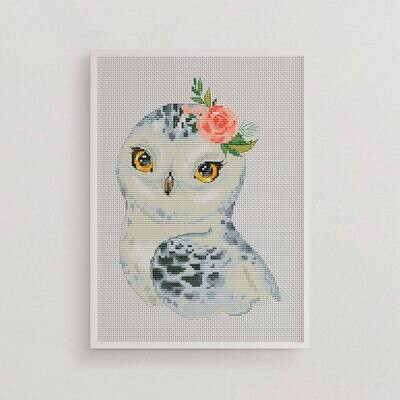 White owl cross stitch, Animal cross stitch, Counted cross stitch, Arctic animal, Nursery cross stitch
