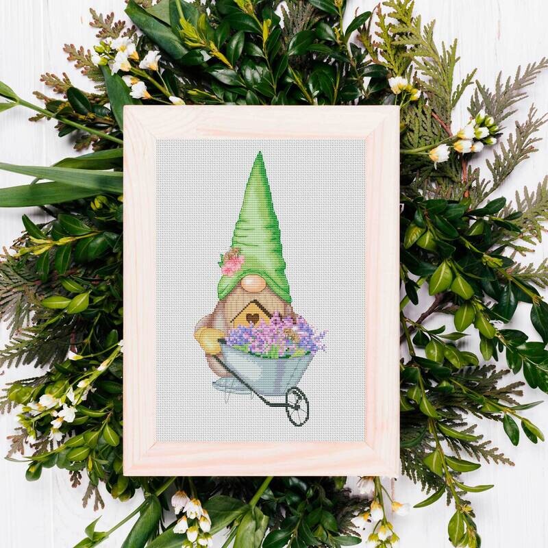 Garden gnome, Cross stitch pattern, Gnome cross stitch, Spring craft