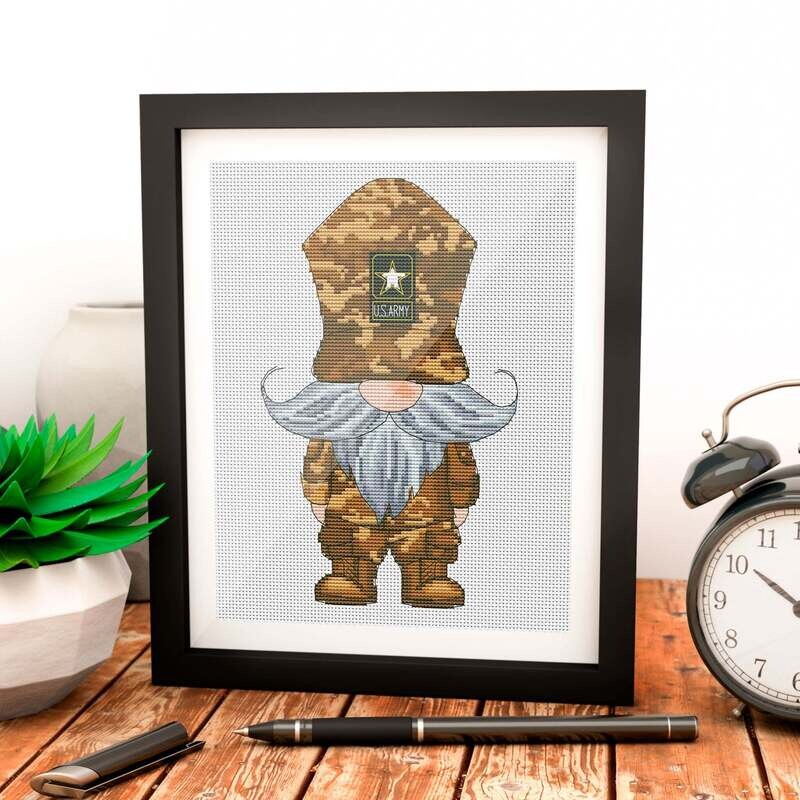 Army gnome, Cross stitch pattern, Gnome cross stitch, Military cross