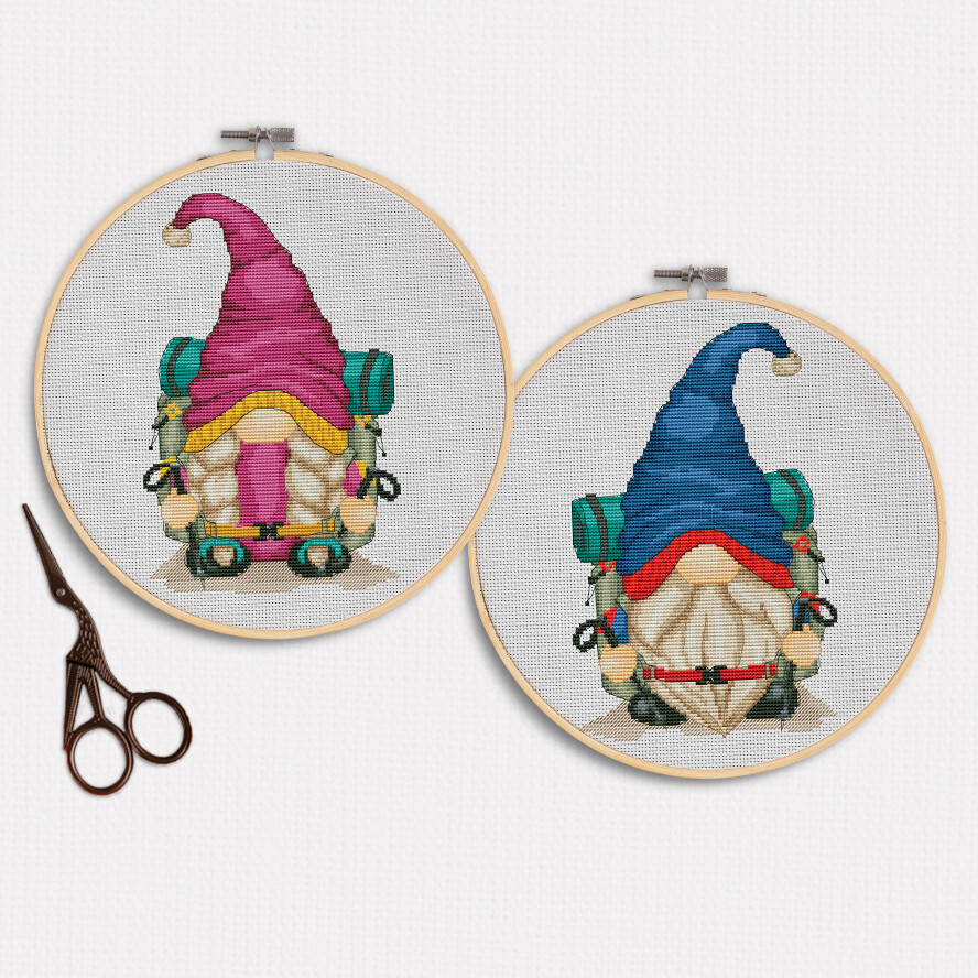 2 hiking gnomes, Counted cross stitch, Cross stitch pattern, Camping cross stitch, Gnome cross stitch, Hiking cross stitch