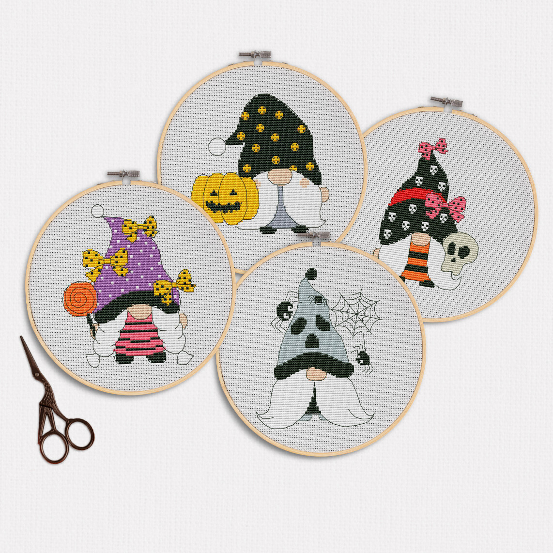 Set of 4 patterns, Halloween pattern, Halloween gnome, Halloween embroidery, Halloween xstitch