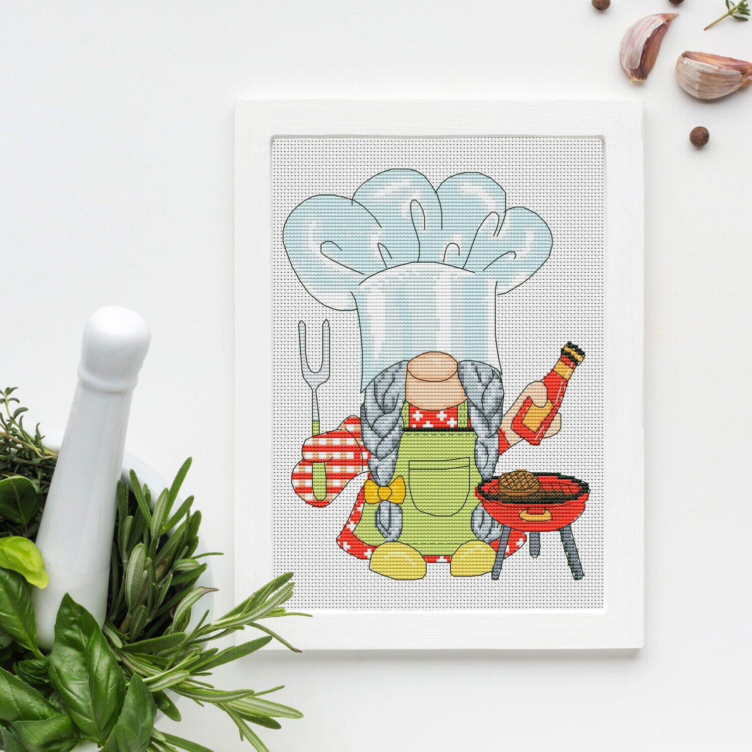 Girl on the barbecue, Cross stitch pattern, Girl cross stitch, Weekend cross stitch, Gnome cross stitch