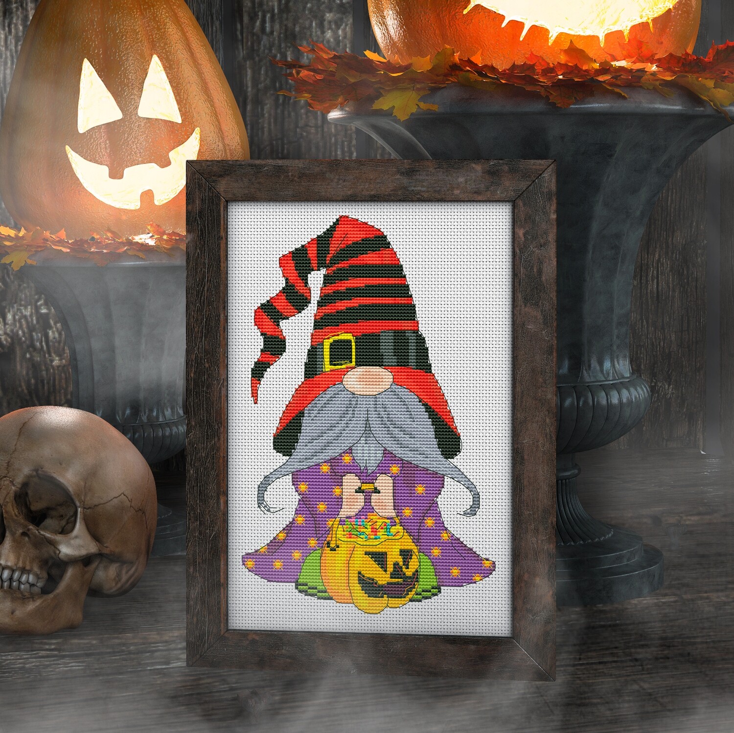 Halloween cross stitch, Halloween pattern, Halloween gnome, Halloween embroidery, Halloween xstitch