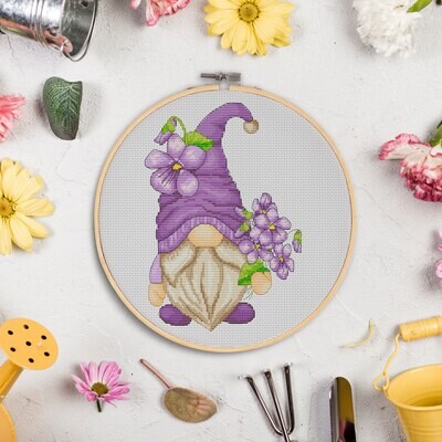 Violet gnome, Cross stitch pattern, Flowers cross stitch, Floral cross stitch,Gnome cross stitch
