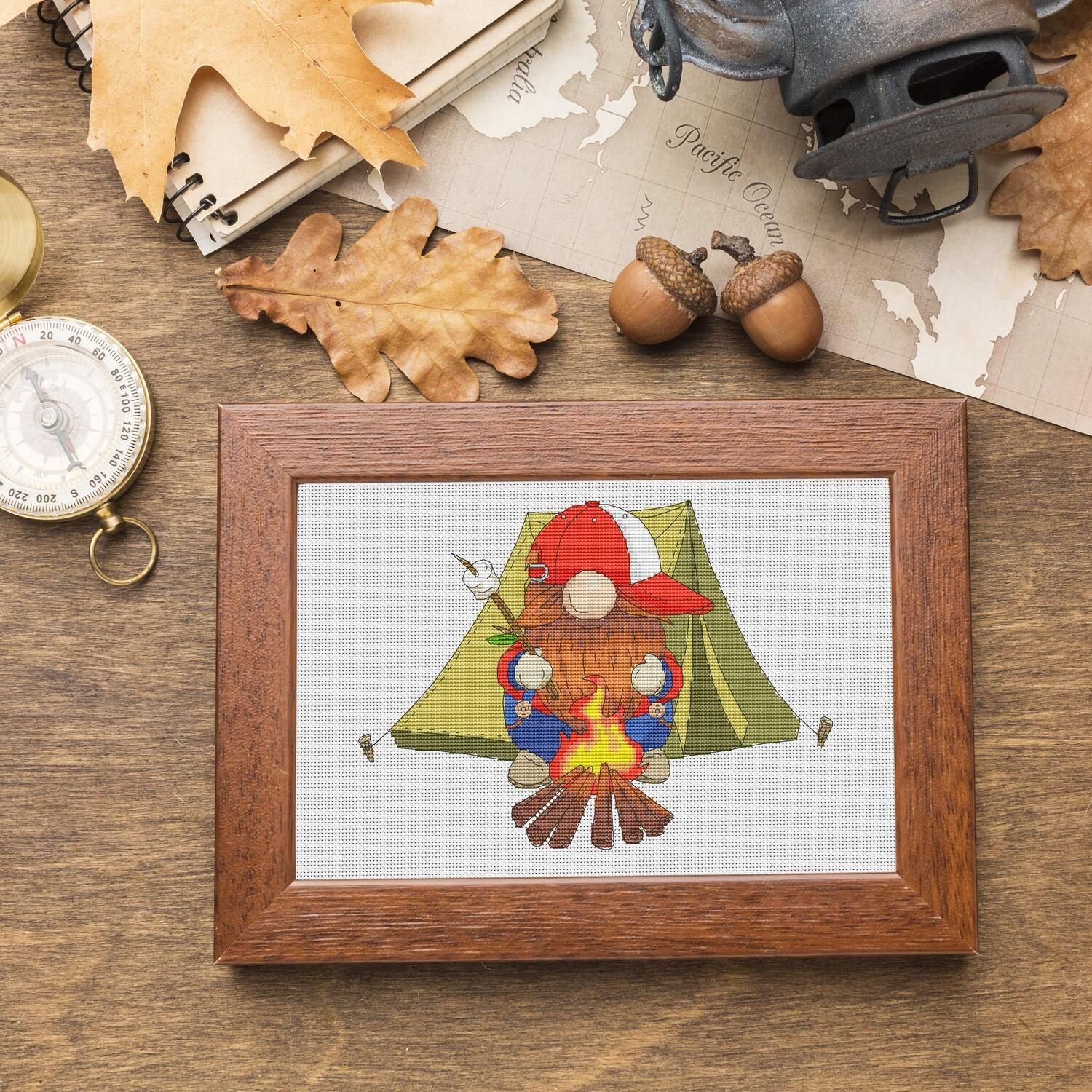 Hiking gnome, Counted cross stitch, Cross stitch pattern, Camping cross stitch, Gnome cross stitch