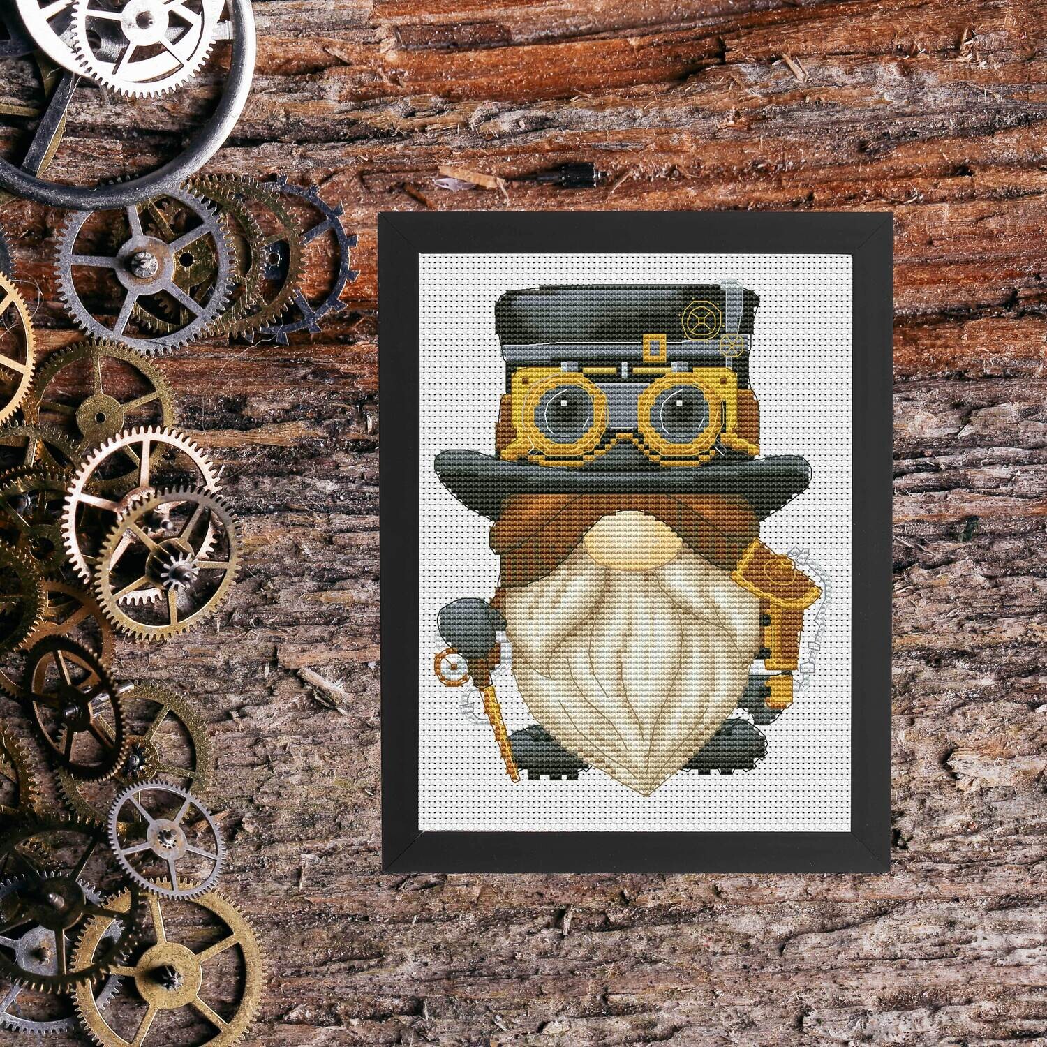 Steampunk gnome, Gnome cross stitch, Modern cross stitch, Counted cross stitch