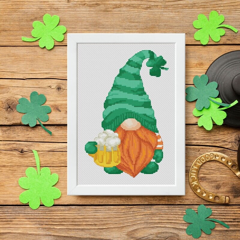 Patrick Day gnome cross stitch, Cross stitch pattern, Beer cross stitch