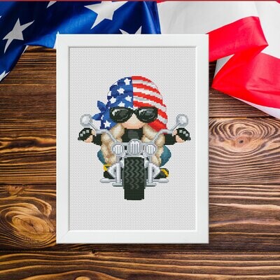 Female biker, Gnome cross stitch, Female cross stitch, Cross stitch pattern, Modern cross stitch, Patriotic cross stitch, Biker gift