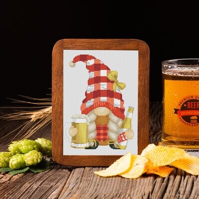 Female with  a beer, Cross stitch pattern, Gnome cross stitch, Counted cross stitch, Beer cross stitch