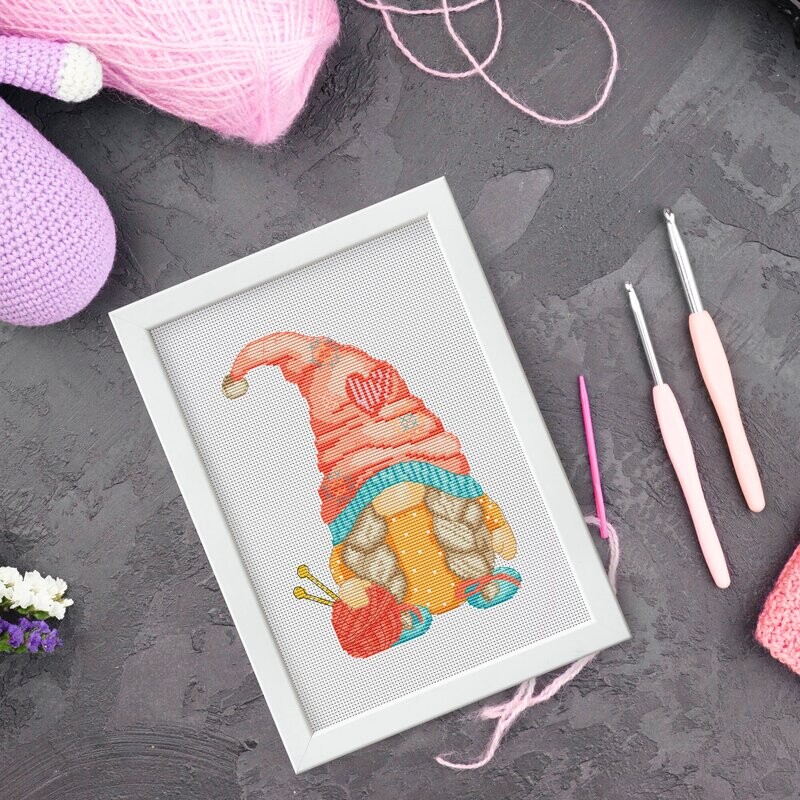 Knitter, Gnome cross stitch, Girl cross stitch, Cross stitch pattern