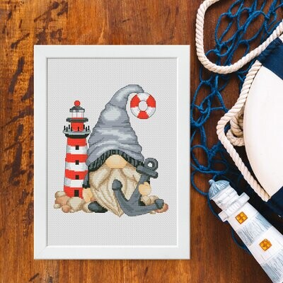 Gnome with lighthouse, Cross stitch pattern, Sea cross stitch, Counted cross stitch, Lighthouse cross stitch