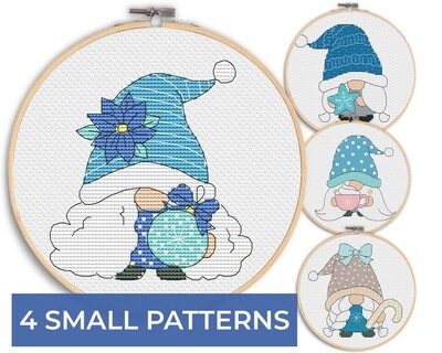 4 winter gnomes, Cross stitch pattern, Winter cross stitch, Small cross stitch, Easy cross stitch, Christmas cross stitch