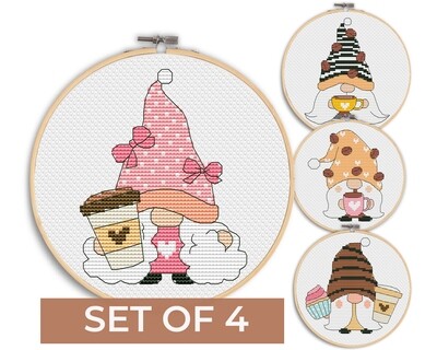 4 coffee gnomes, Cross stitch pattern,Coffee cross stitch