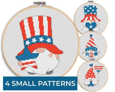 4 Patriotic gnomes, Cross stitch pattern, Patriotic cross stitch