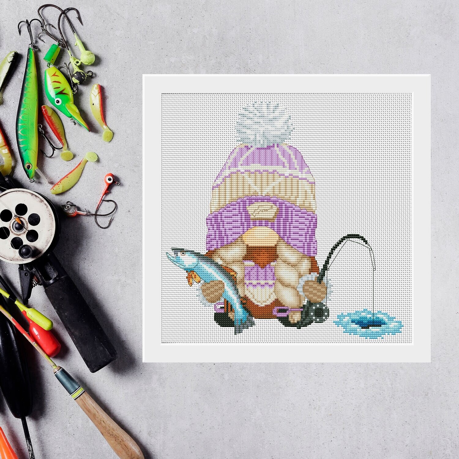 Winter fishing, Gnome cross stitch, Counted cross stitch pattern