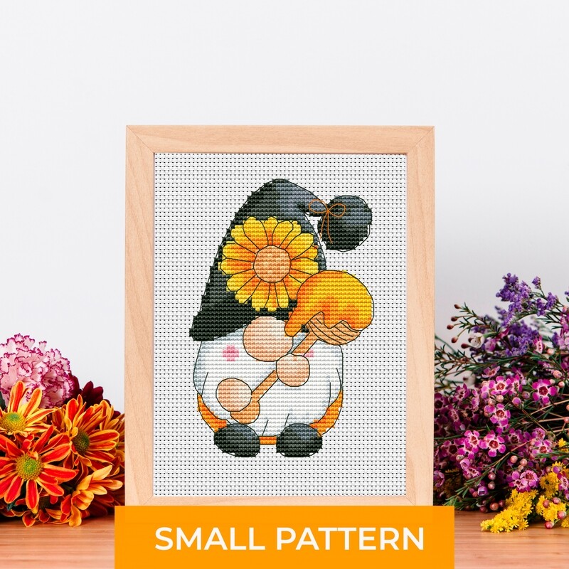 Honey gnome, Cross stitch pattern, Gnome cross stitch