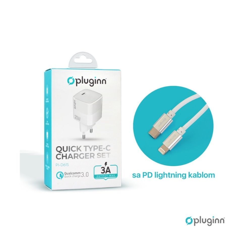 Kućni punjač Pluginn 20W sa PD iPhone lightning kablom beli