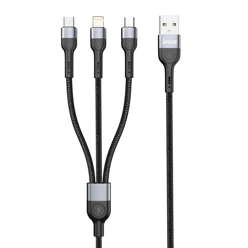 USB-A data kabal Superior 3 u 1 Lightning/Micro/Type C 1m crni