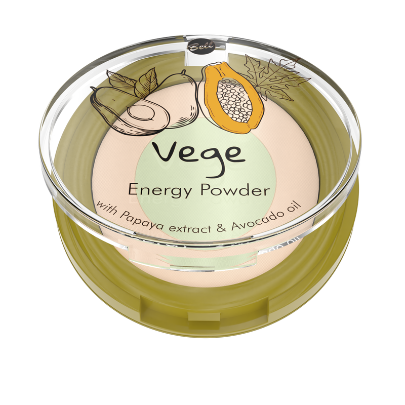 Energizuojanti veganiška kompaktinė pudra su papajos ekstraktu ir avokado aliejumi