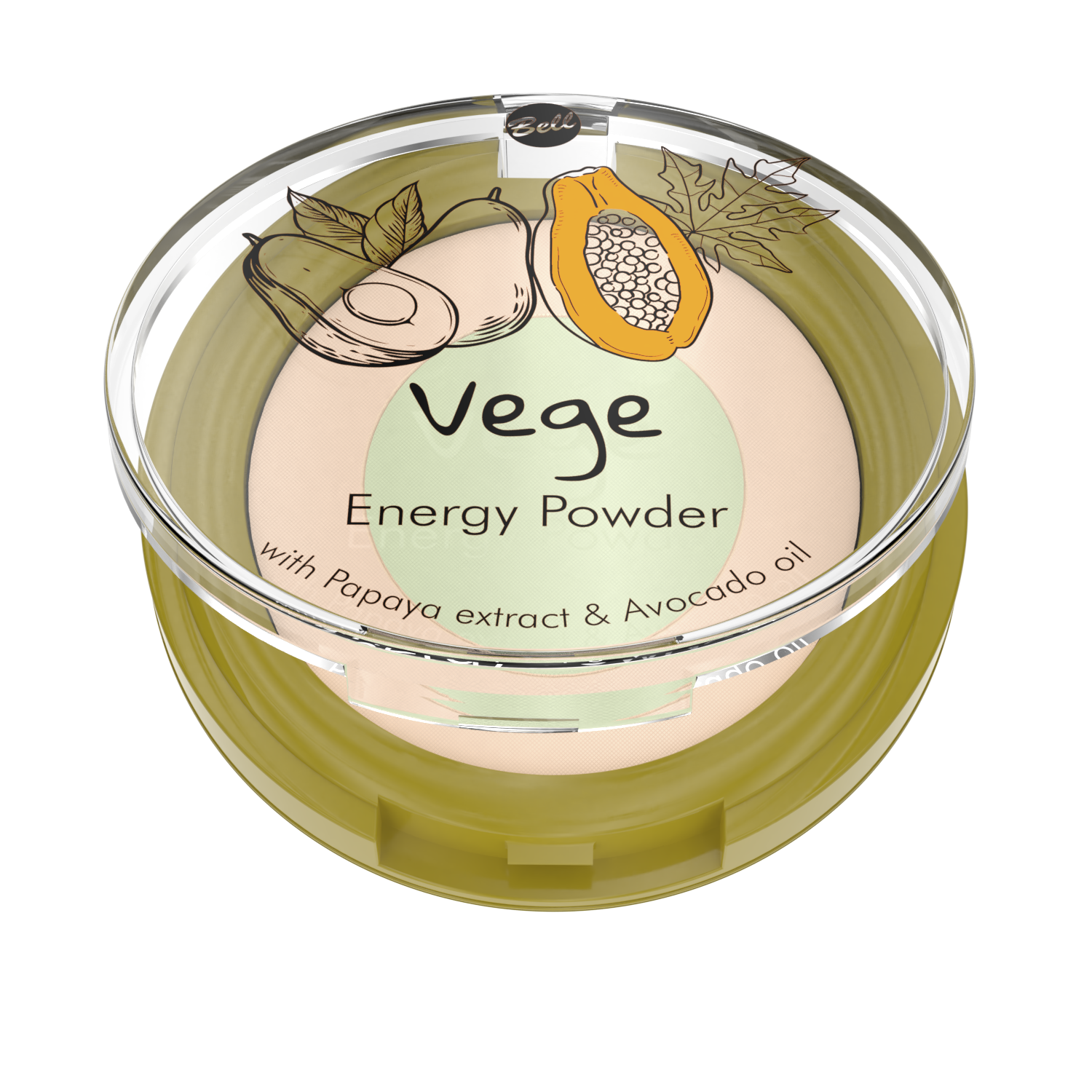 Energizuojanti veganiška kompaktinė pudra su papajos ekstraktu ir avokado aliejumi