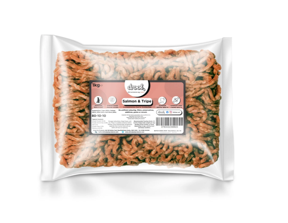 Drool Freeflow Mince - Salmon &amp; Tripe 1kg (re-sealable Bag)(est due 29th)