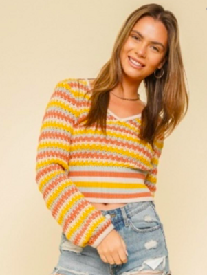 Leilani-V-nk Stripe Crop Sweater
