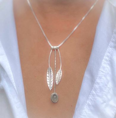 Silver Leaf Necklace, Gray Moonstone Necklace