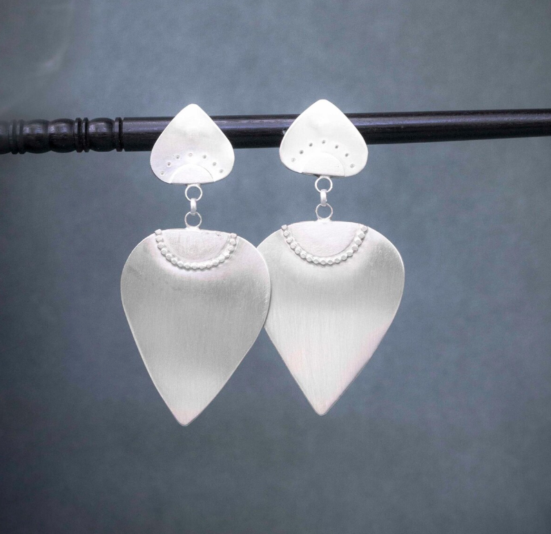 Large Sterling Silver Post Earrings, handmade with a brushed silver finish.  
