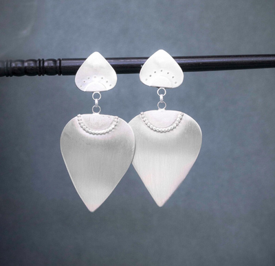 Large Sterling Silver Post Earrings, handmade with a brushed silver finish.  