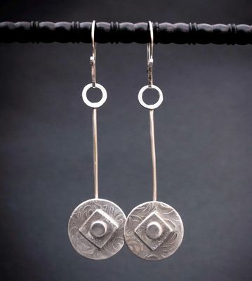 Handmade Sterling Silver Disc Earrings with a drop length of 3 inches.  Made in the Honey Bee Metals Jewelry Studio.