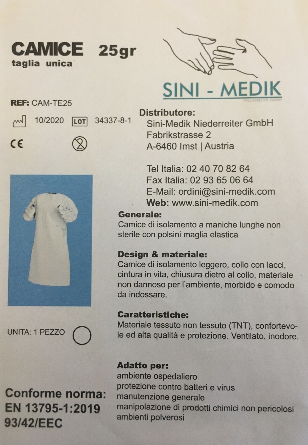 Camice di protezione tnt bianco gr.25 con polsini in maglia elastica en 13795-1:2019 93/42/eec