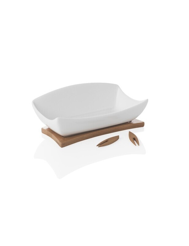 BRANDANI ANTIPASTIERA RELAX IN PORCELLANA BIANCA CON SUPPORTO E 2 FORCHETTINE IN BAMBOO