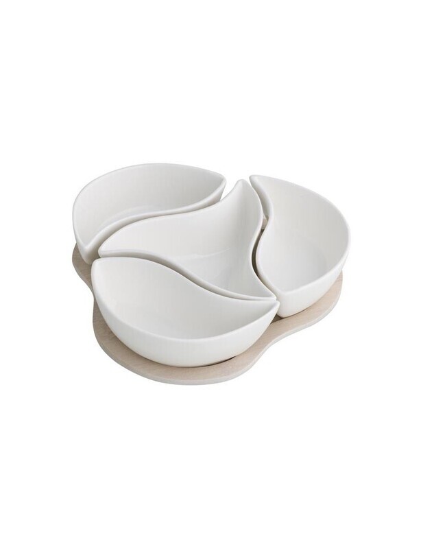 BRANDANI ANTIPASTIERA TRIFOGLIO PORCELLANA BIANCA CON SUPPORTO BAMBOO NATURALE