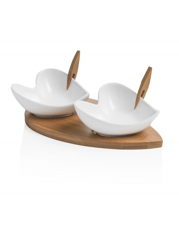 BRANDANI ANTIPASTIERA CUORIGOCCIA IN PORCELLANA BIANCA CON SUPPORTO IN BAMBOO E 2 FORCHETTINE IN BAMBOO