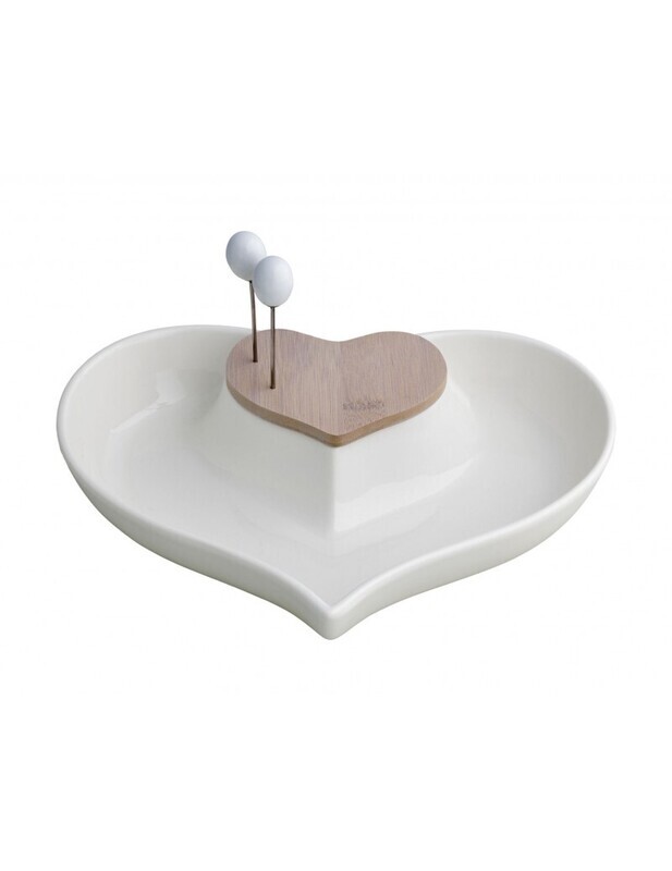 BRANDANI ANTIPASTIERA "CUORE NEL CUORE" IN PORCELLANA E BAMBOO NATURALE CON 2 FORCHETTINE IN INOX