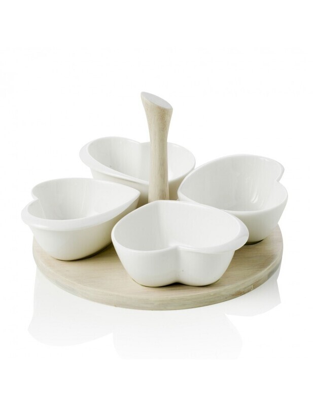 BRANDANI ANTIPASTIERA QUADRIFOGLIOCUORI IN PORCELLANA BIANCA CON SUPPORTO IN BAMBOO