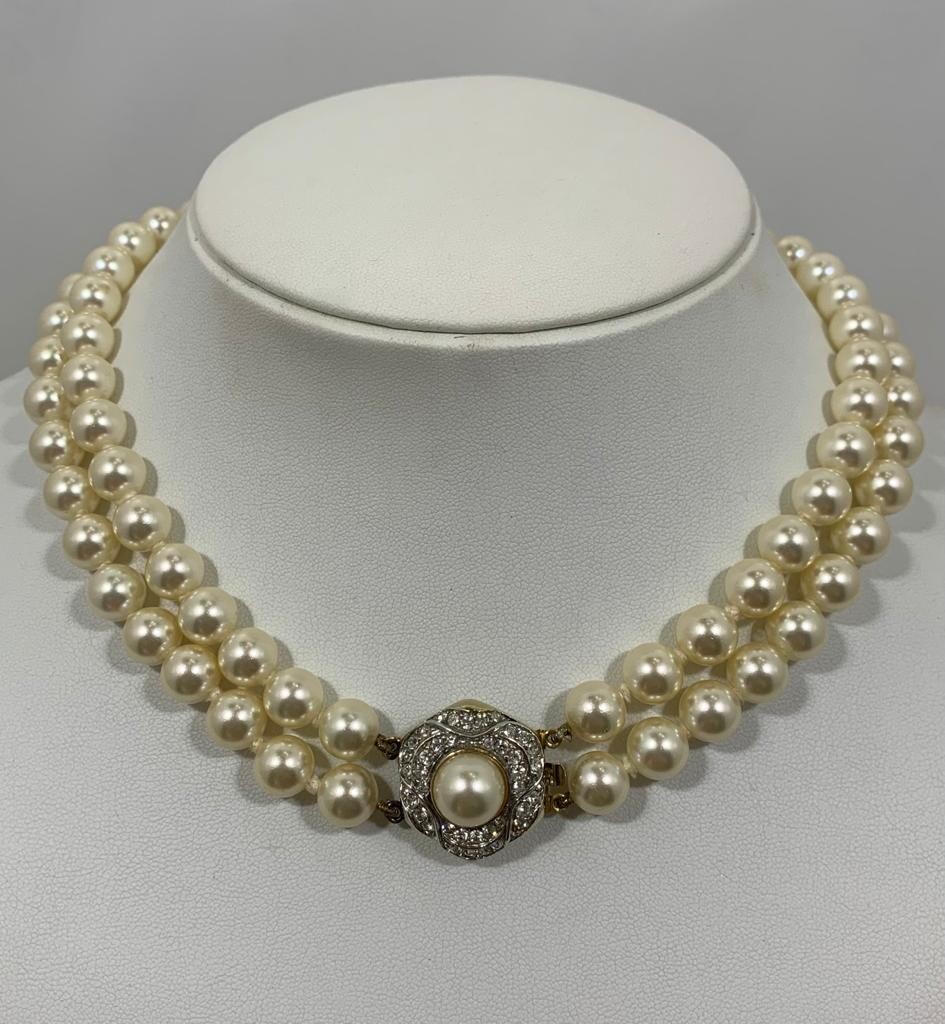 Swarovski Collana perle con due fili e susta con swarovski anni '80