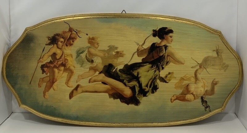 Selli: Stampa di scena mitologica su legno con bordo dorato Selli: Stampa di scena mitologica su legno con bordo dorato