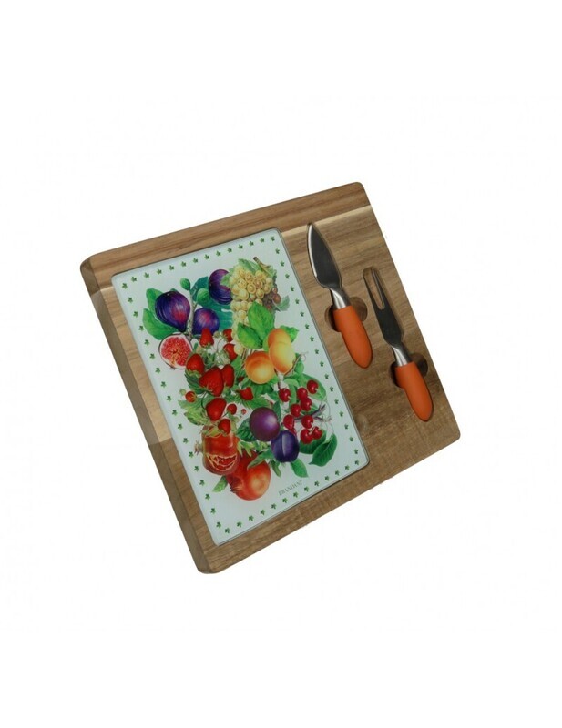BRANDANI TAGLIERE FORMAGGI LE PRIMIZIE ACACIA E VETRO DECORATO CON 2 COLTELLI INOX/TPR