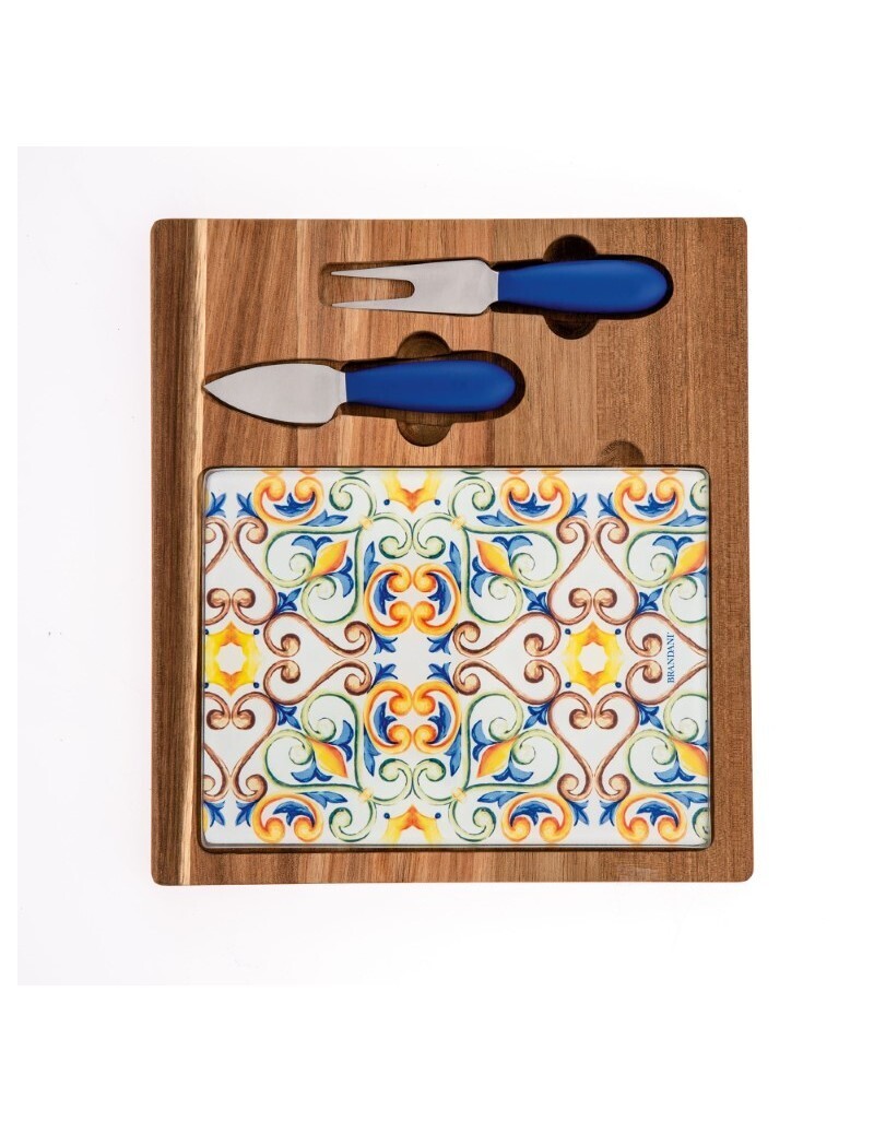BRANDANI TAGLIERE FORMAGGI MEDICEA ACACIA/VETRO CON 2 COLTELLI INOX