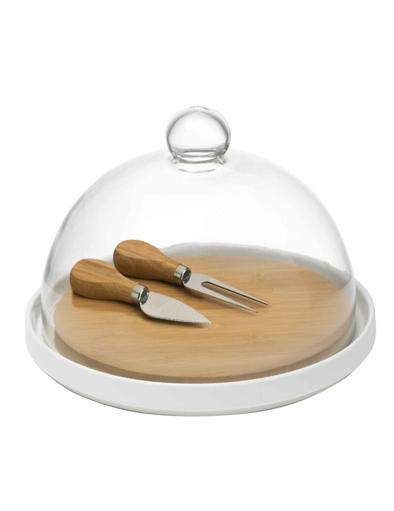 BRANDANI TAGLIERE PORCELLANA E BAMBOO CON COLTELLI FORMAGGIO E CUPOLA VETRO